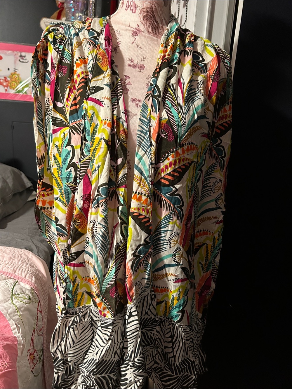 Anna & Ava Tropical Leaf Print Open Front Kimono - Pink, Teal, Lime